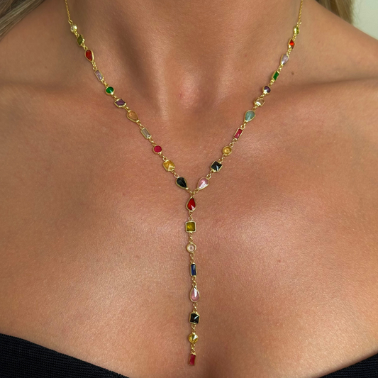 925 Gümüş | Renkli Karma Taşlı Y Zincir Kolye