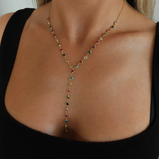 925 Gümüş | Renkli Yuvarlak Taşlı Y Zincir Kolye