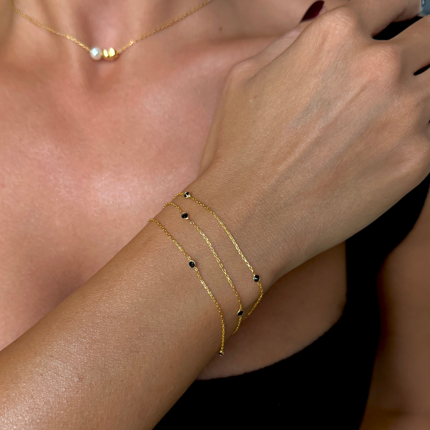 925 Gümüş | 3 Zincirli Minimal Yuvarlak Taşlı Bileklik