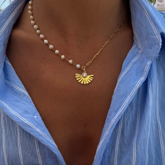 925 Gümüş | İncili Yelpaze Kolye