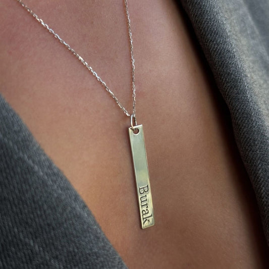 925 Gümüş | İstediğini Yazdır Dikey Plaka Kolye