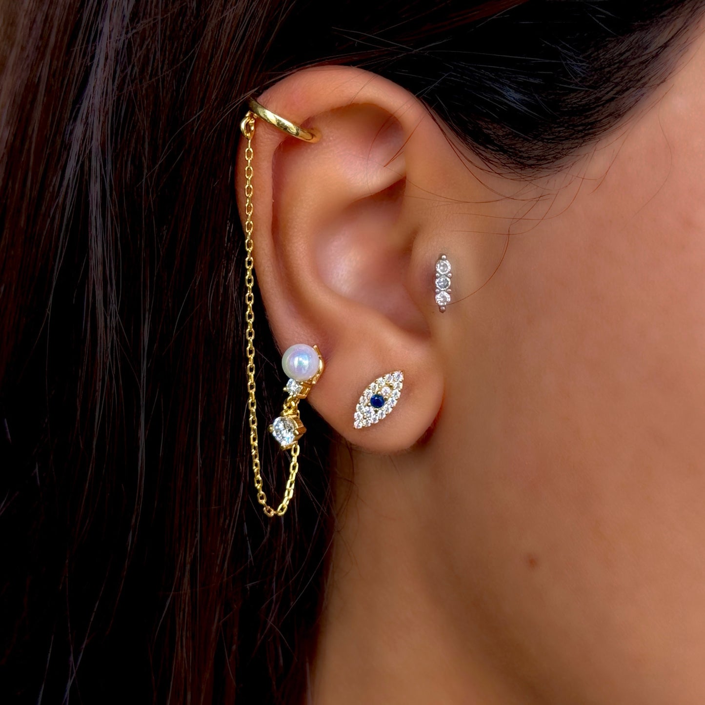 925 Gümüş | Zincir Detaylı İncili Ear Cuff