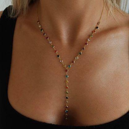 925 Gümüş | Renkli Yuvarlak Taşlı Y Zincir Kolye