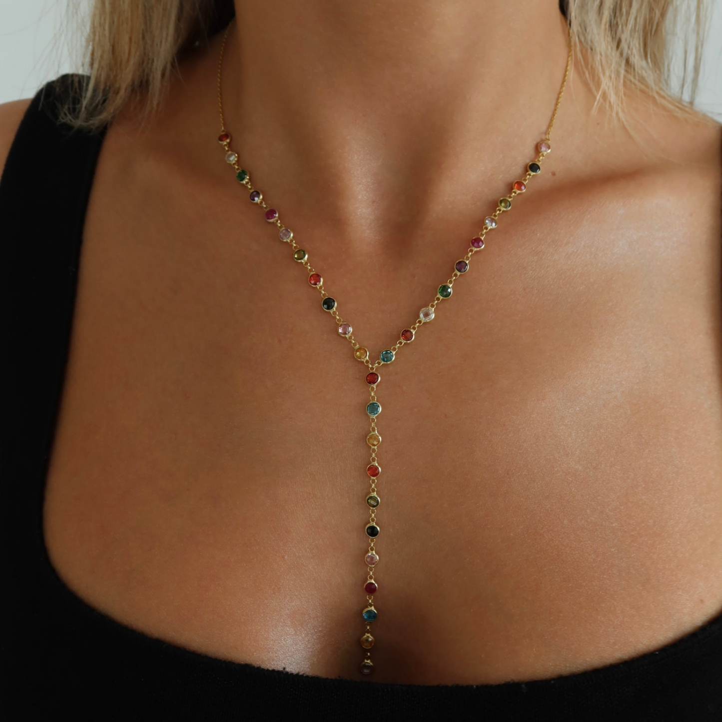 925 Gümüş | Renkli Yuvarlak Taşlı Y Zincir Kolye