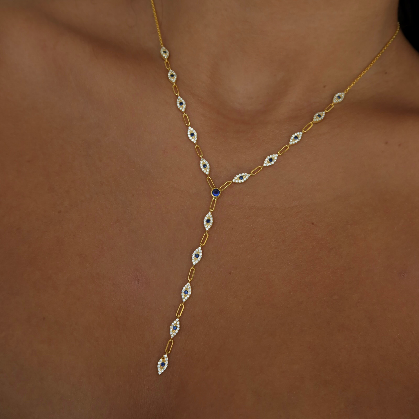 925 Gümüş | Taşlı Göz Figürlü Y Zincir Kolye